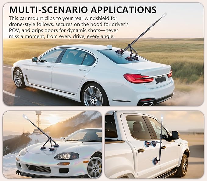 Heavy-Duty Triple Suction Cup Car Mount Kit - Professional External Extension Pole Insta360 Car Mount,Windshield Magic Arm GoPro Car Mount with Action Camera Adapter Compatible with Insta360/GoPro/DJI