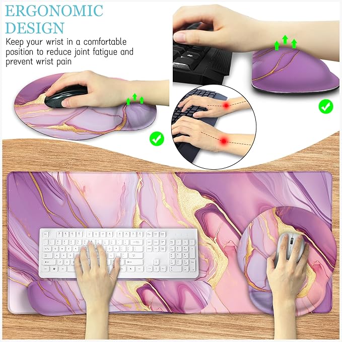 LIMKRIAN Marble Mouse Pad Set Large Desk Matt for Desktop, Ergonomic Mouse Pad with Wrist Rest for Gaming Wrist Support Keyboard Mat Cup Coaster Set Office Desk Decor Accessories