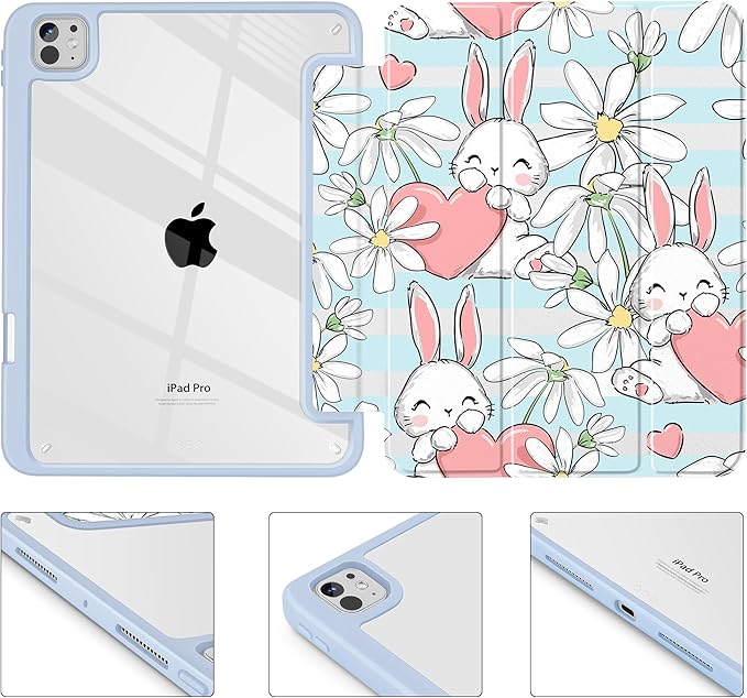 May Chen for iPad Pro 13 Inch Case M5 2025 / M4 2024, Built Pencil Holder & Clear Transparent Print Back Shell Slim Stand Shockproof Tablet Cover, Auto Wake/Sleep, Heart Rabbits