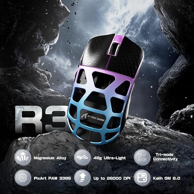 FELICON x Attack Shark R3 Magnesium Alloy Wireless Gaming Mouse, 46g Ultra-Lightweight Skeletal Shell, PAW3395 26K DPI, 8K Polling, Tri-Mode 2.4G/BT/Wired, for PC Mac Laptop - Purple & Griptape
