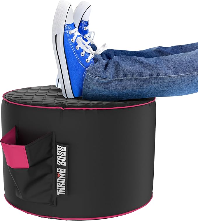 Throne Boss Gaming Footstool - Cover ONLY No Filling - Matching Bean Bag Chair Pouf/Ottoman - Round Gamer Foot Stool Footrest with Drink Holder (Pink)