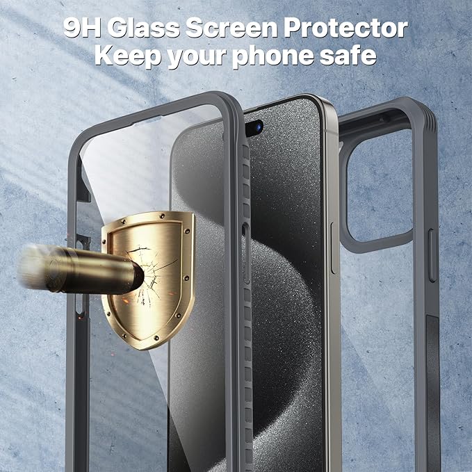 CENHUFO Privacy for iPhone 15 Pro Max Case, Full Body Phone Case with Built-in 9H Tempered Glass Privacy Screen Protector and Camera Lens Protector, Anti Peep Shockproof Bumper Clear Cover - Grey