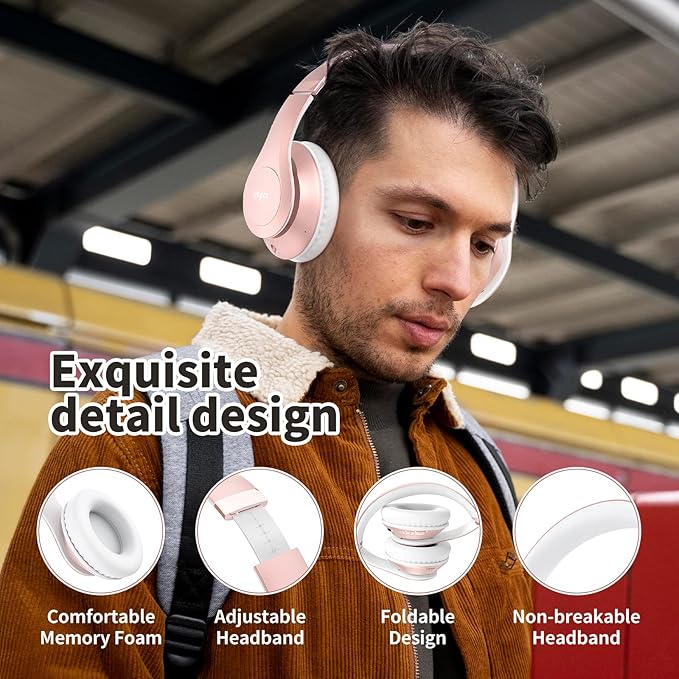 Uliptz Wireless Bluetooth Headphones, 65H Playtime, 6EQ Sound Modes, HiFi Stereo Over Ear Headphones with Microphone, Foldable Bluetooth 6.0 Headphone for Travel/Office/Cellphone/PC (Rose Gold)