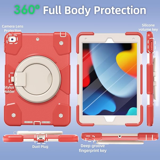 Andnary Case for iPad 9th/8th/7th Generation 10.2 inch, Shockproof Cover with Screen Protector/360° Rotate Stand/Pencil Holder/Shoulder Strap, Kids Case for iPad 2021/2020/2019 (Orange Pink+White)