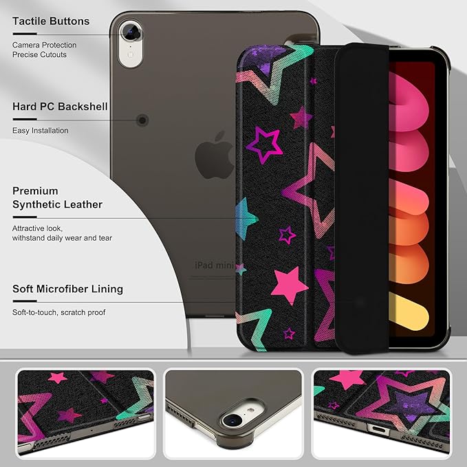 DONGKE for iPad mini 7 (A17 Pro) 2024 & iPad mini 6 2021 8.3 Inch, Slim Foldable Stand Hard PC Translucent Back Shell Smart Cover for iPad mini 7th/6th Generation [Auto Wake/Sleep] - Stars