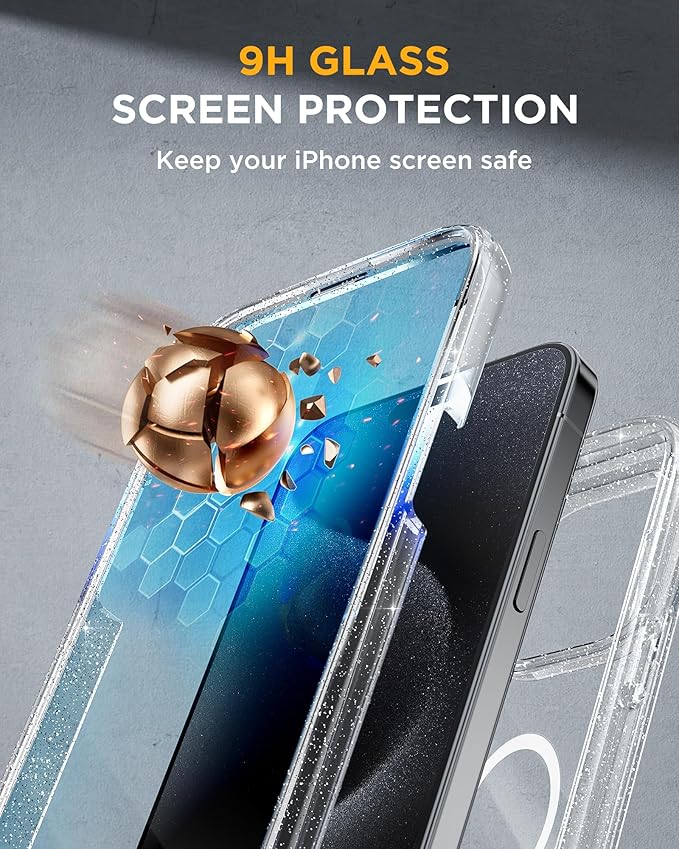 Miracase Magnetic for iPhone 15 Pro Max Case 6.7'' [Compatible with Magsafe] Full-Body Drop Proof Phone Case for iPhone 15 Pro Max with Built-in 9H Tempered Glass Screen Protector,Clear Glitter
