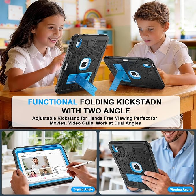 Sibeitu Case for iPad 11th (A16) 2025/ 10th Generation 10.9 Inch 2022, Rugged Shockproof iPad 10 Case with Pencil Holder & Built-in Stand, Hard 11th Gen iPad 11 inch Cover for Kids Boys, Black+Blue