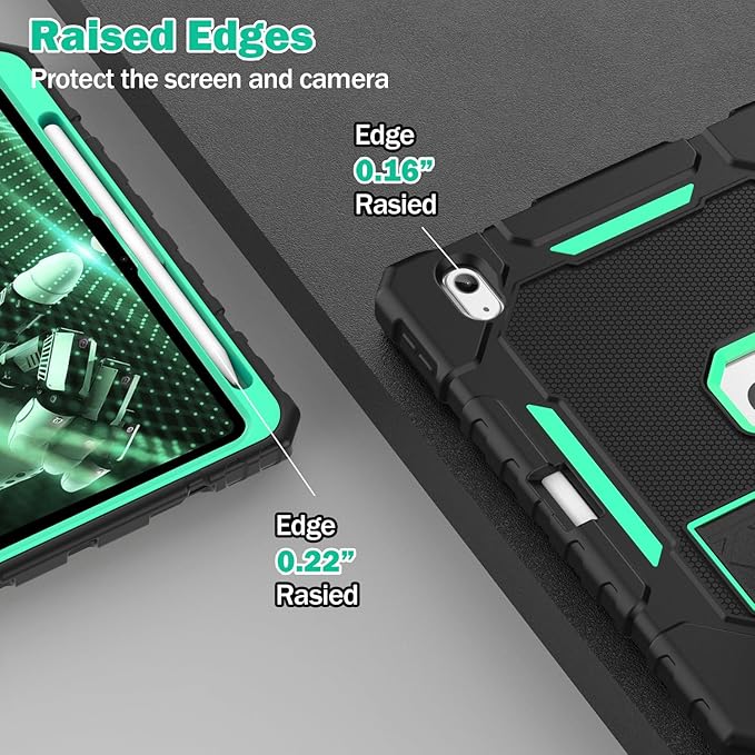 ZoneFoker Case for iPad (A16) 11th/10th Generation 11/10.9 inch 2025/2022, Heavy Duty Military Grade Shockproof Rugged Cover with Pencil Holder/Stand for i Pad 11th / 10 th Gen(Black+Teal)