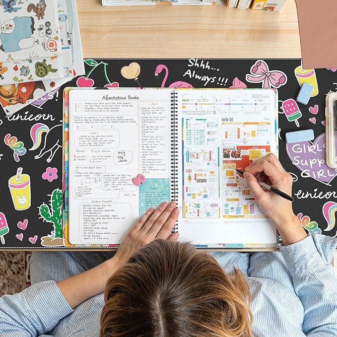HAOCOO Kawaii Large Desk Cover Mat, 35.4x15.7 Cute Mouse Pad for Women Office Accessories, Leather Desk Mat for Keyboard and Mouse for Kids, Stitched Edges Desk Protector Dorm Decor