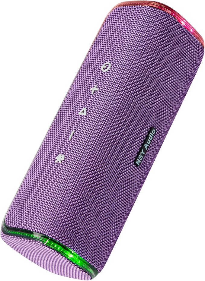 40W Bluetooth Shower Speaker, IPX7 Waterproof Floating Pool Speaker with Interactive Tap-to-Play Drum Beats, 25H Playtime, LED Lights, Built-in Mic for Hands-Free Calls in Bathroom, Purple