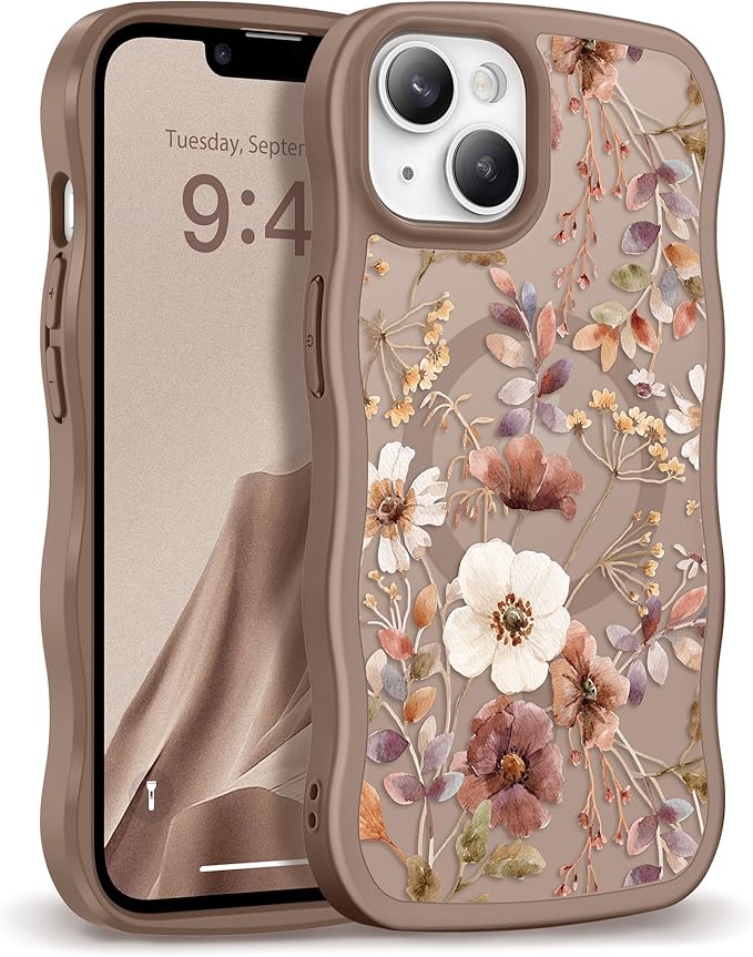 GVIEWIN Cute for iPhone 14 Case & iPhone 13 Case [Compatible with MagSafe] [Curly Wave Edge] Floral Translucent Magnetic Shockproof Protective Phone Cover for iPhone 14/13 6.1'', Corn Poppy/Brown