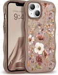 GVIEWIN Cute for iPhone 14 Case & iPhone 13 Case [Compatible with MagSafe] [Curly Wave Edge] Floral Translucent Magnetic Shockproof Protective Phone Cover for iPhone 14/13 6.1'', Corn Poppy/Brown