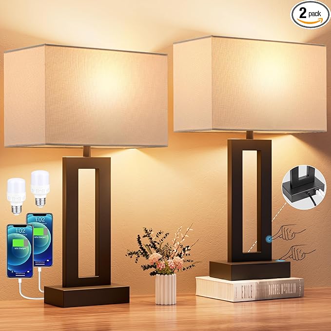 Nightstand Table Lamps for Bedrooms Set of 2 - Touch Bedside Lamp with USB C+A, 3 Way Dimmable Living Room Lamps for End Tables Set of 2, Modern Night Stand Lamps for Bed Side Guest Room(White)