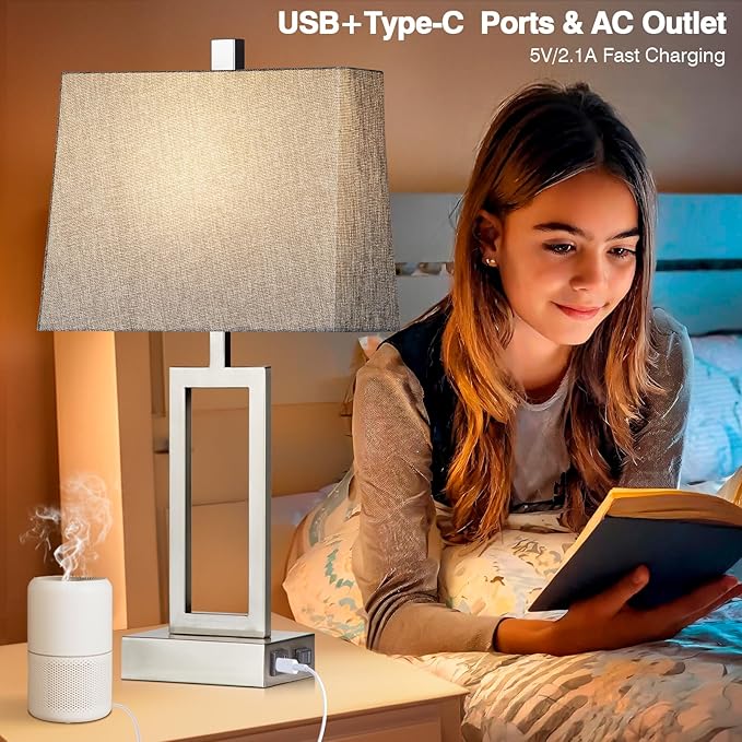 Rinweey 23.5" Touch Control Table Lamps Set of 2, Modern Silver Bedside Lamps with USB A+C Ports & AC Outlet, 3 Way Dimmable Contemporary Nightstand Lamps for Bedroom Living Room(2 LED Bulb Included)