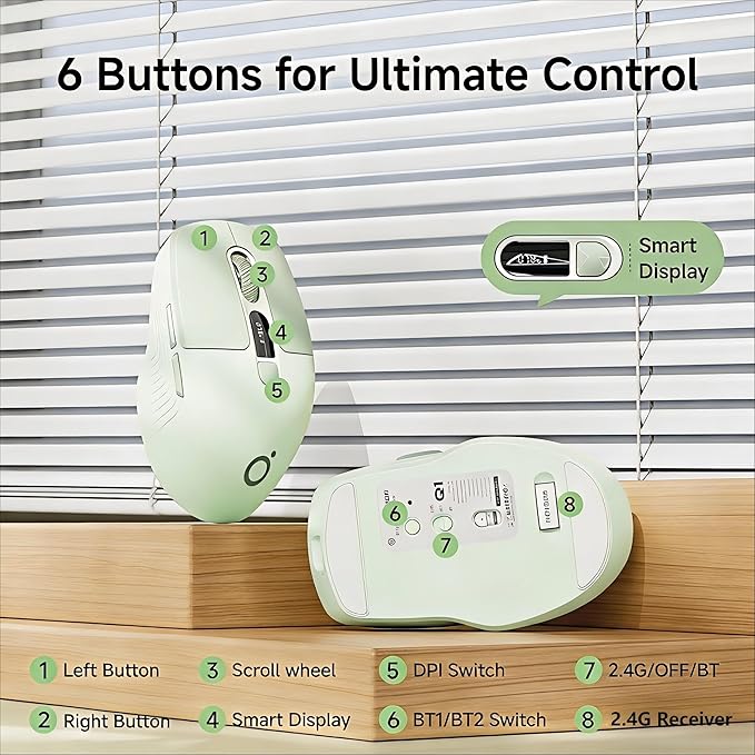EWEADN Q1 Wireless Bluetooth Mouse, BT & 2.4G Computer Mouse with Battery & DPI LED Screen Display, Type-C Rechargeable with 1600 DPI Levels, 6 Button Silent Ergonomic Mouse for Laptop/PC/Mac-Green