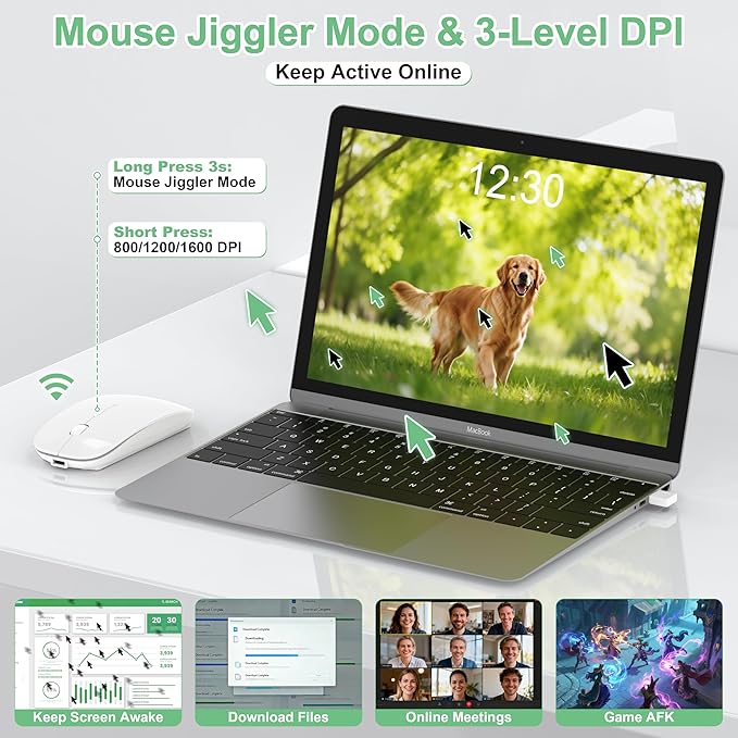 Wireless Mouse for MacBook Pro/Air, Bluetooth Rechargeable Mouse with USB-C, Slim Mouse Jiggler for iPad/iMac/Laptop/PC, 2.4G Dual Mode, Silent Click, Compatible Mac OS/Windows, White