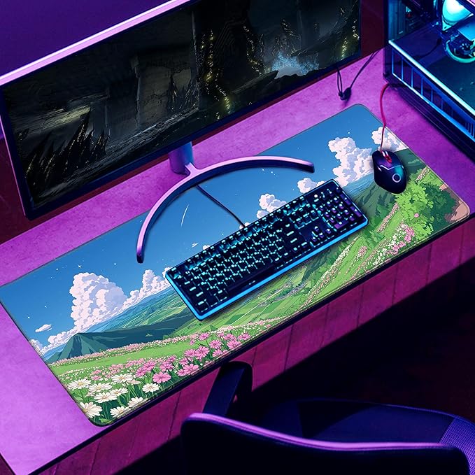 Desk Pad Gaming Mouse Pad Large for Desk Computer Pc Laptop Office Decor,Blue Sky Flowers and Plants Anime Keyboard Pad Stitched Edges Non-Slip Rubber Mat (31.5x11.8 in)