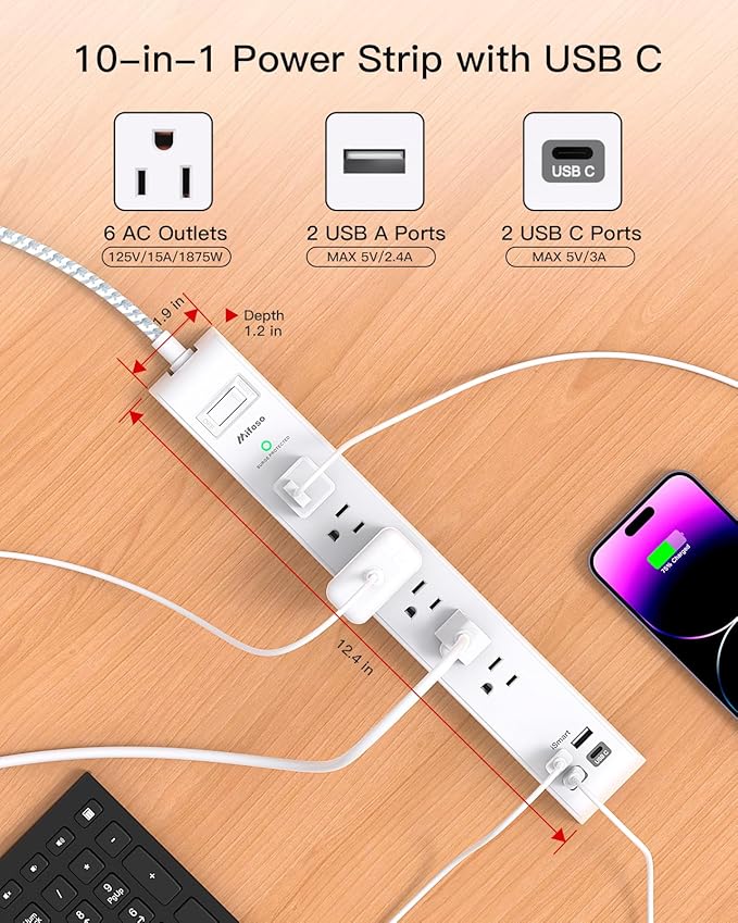 2 Pack Power Strip Surge Protector - 6 Outlets 4 USB Charging Ports, 5Ft Braided Extension Cord, Flat Plug, Overload Protection, Wall Mount for Home Office, Dorm Room Essentials White