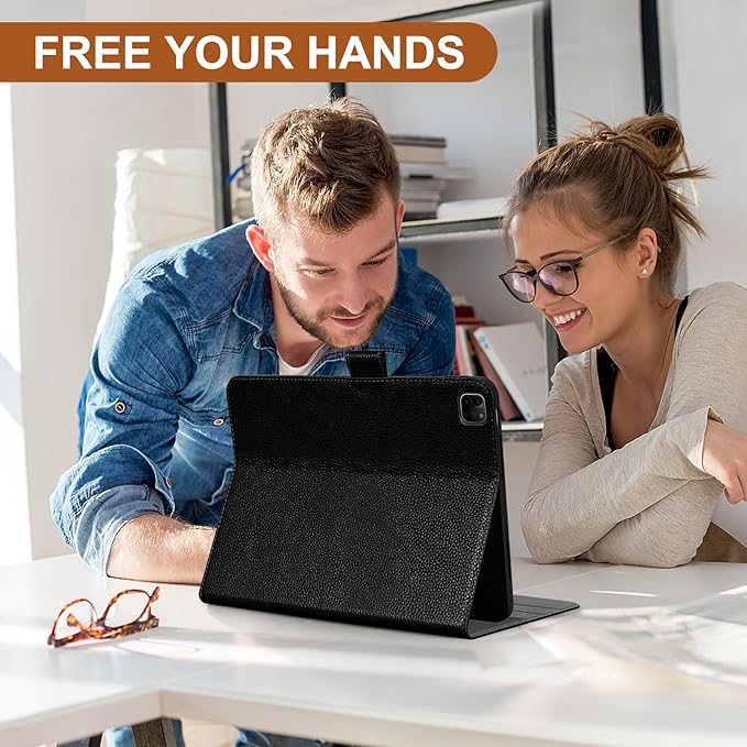 Genuine Leather Case for iPad Pro 12.9 inch 6th/5th/4th/3rd Generation 2022/2021/2020/2018 | with Pencil Holder and Adjustable Stand, Magnetic Closure, Auto Wake/Sleep Cover | Black