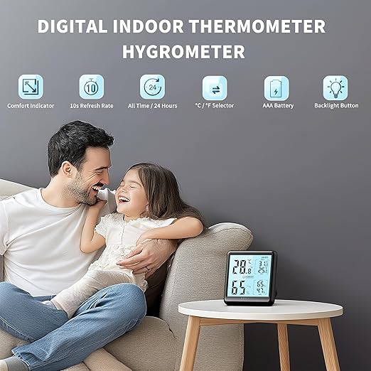 DOQAUS Room Thermometer Hygrometer, Digital Indoor Thermometer with Backlight, Large Screen Temperature Monitor Humidity Meter for Home, Bedroom, Baby Room, Office, Greenhouse (Black)