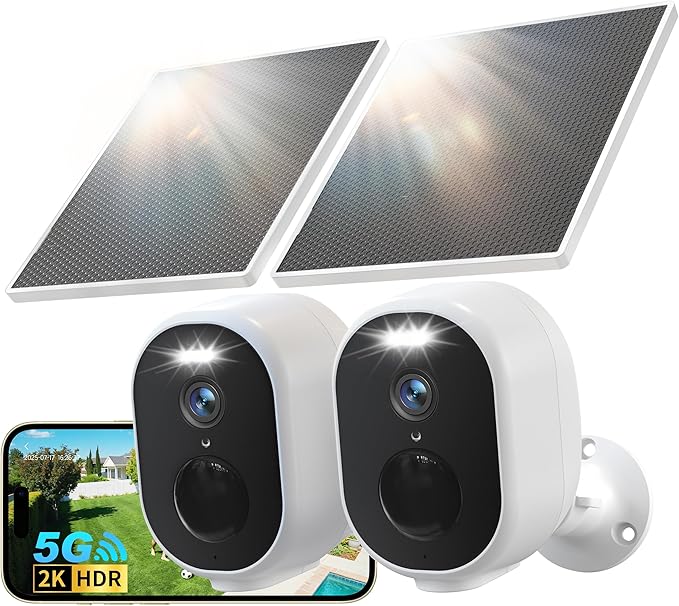 GNCC 2 Pack Solar Camera Outdoor Wireless, 5G & 2.4GHz WiFi, 2K Battery Cameras for Home Security, Color Night Vision, AI Detection, Siren Alarm, 2-Way Talk, Waterproof, Cloud Subscription/SD Storage
