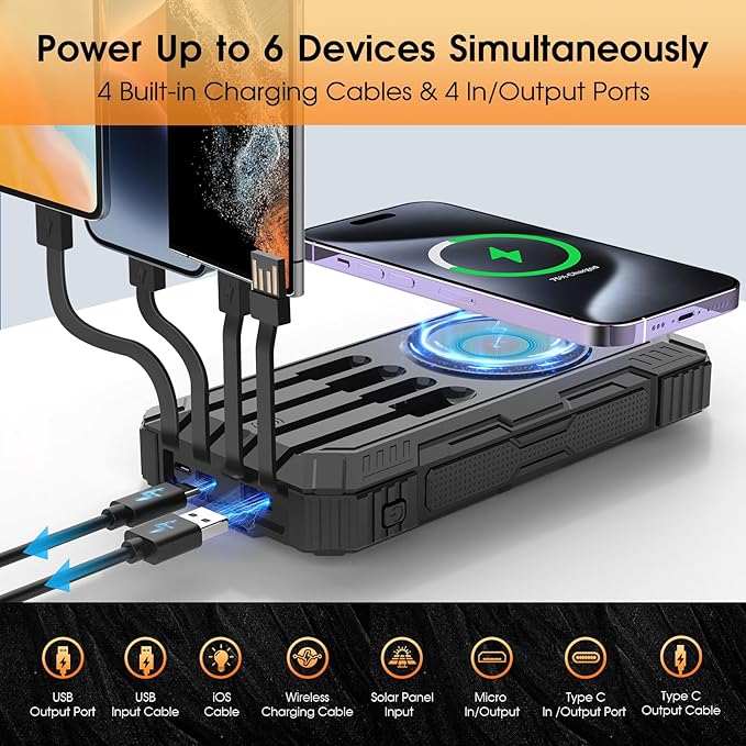 Solar Power Bank,49800mAh Wireless Portable Phone Charger with 4 Built-in Cables,22.5W Fast Charging External Battery Pack PD 3.0 USB-C In/Output for iPhone,Android,iPad,Perfect for Camping/Hiking