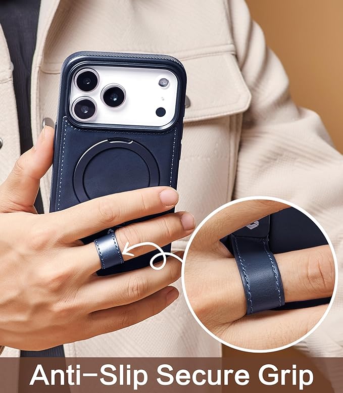 Butaiga for iPhone 17 Pro Leather Case with Stand, Anti-Slip Grip Ring, Fits for MagSafe (Blue, iPhone 17 Pro)