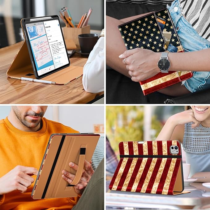 DTTO for iPad Pro 13 inch Case (M5/M4) 2025/2024, Premium Leather Business Folio Stand Cover with Pencil Holder - Auto Wake/Sleep & Multiple Viewing Angles, Built in Hand Strap & Pocket, US Flag