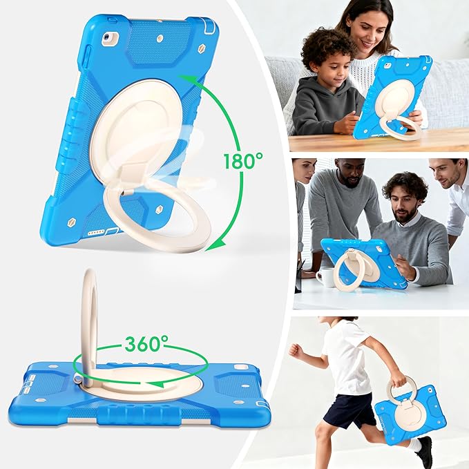 Andnary Case for iPad 9th/8th/7th Generation 10.2 inch, Shockproof Cover with Screen Protector/360° Rotating Handle/Bracket/Pen Holder/Shoulder Strap, Kids Case for iPad 2021/2020/2019 (Blue+White)