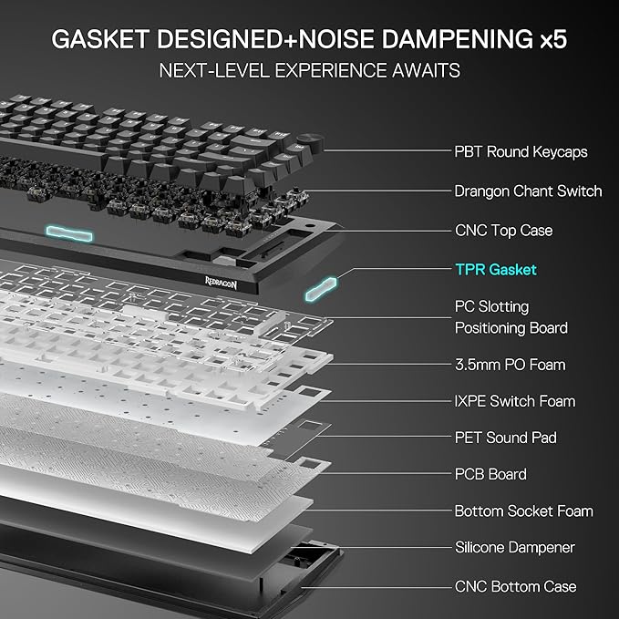 Redragon K687 Wired CNC Gasket Gaming Keyboard, 81 Keys Mechanical Keyboard w/Premium CNC Aluminum Board, Easy-Control Knob, 5-Layer Noise Dampening, Custom Linear Switch
