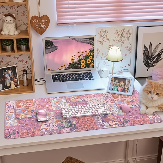 HAOCOO Rose Desk Cover Mat, Cute Floral Keyboard Mat with Stitched Edges, Pink Non-Slip Table Mat Desk Protector for Home Decor, 35.4“ x 15.7" Waterproof Mouse Pad for Office
