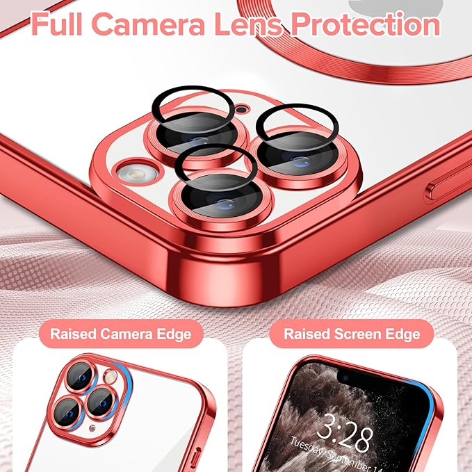 Hython Magnetic Clear for iPhone 11 Pro Case with Camera Lens Protector [Compatible with MagSafe] Luxury Plating Edge Slim Soft TPU Cover Protective Phone Case for iPhone 11 Pro 5.8", Red