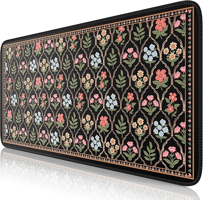 iCasso Floral Desk Pad Mat, Large Mouse Pad, Desk Matt for Desktop, Anti-Slip XXL Big Mousepad with Stitched Edges for Computer Keyboard (Black Moroccan)