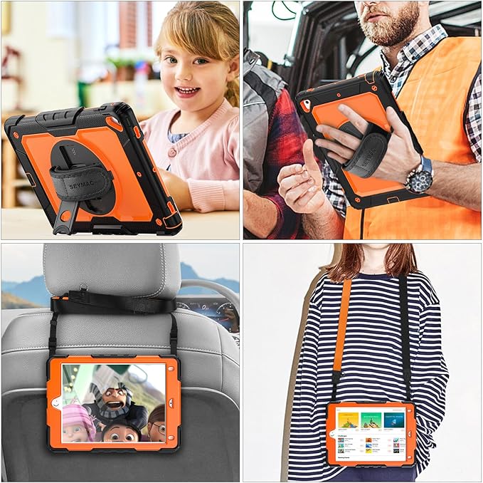 SEYMAC stock Case for iPad 6th / 5th Generation Case/Air 2 / Pro 9.7 inch, Heavy Duty Protective with Screen Protector, with Pencil Holder, Hand Strap, Shoulder Strap, 360 Rotate Stand, Orange+Black