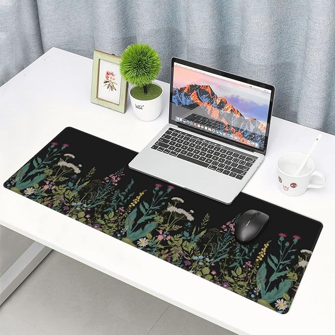 Weeds Flowers Large Gaming Mouse Pad Desk Mat, Cute Funny Gifts Big Keyboard Pad with Stitched Edges for Laptop, XL Long Extended Full Non-Slip Base Mousepad for Women Office Decor Black 31.5*11.8 In