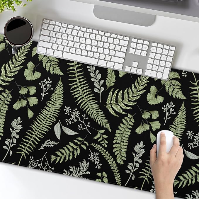 Black Green Plant Flowers Mouse Pad XXL Tropical Fern Botanical Leaves Extended Desk Mat 90X40cm Non-Slip Rubber Base Stitched Edge Large Mousepad for Gaming Laptop Computer Desktop 35.4×15.7 Inch