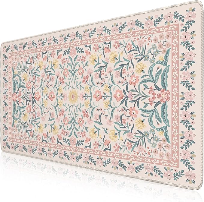 iCasso Pink Floral Desk Mat, Desk Pad, XXL Large Mouse Pad, Anti-Slip Big Mousepad with Stitched Edges, Computer Mouse Pads for Desktop Decor, Cute Office Desk Accessories for Women(Pink)