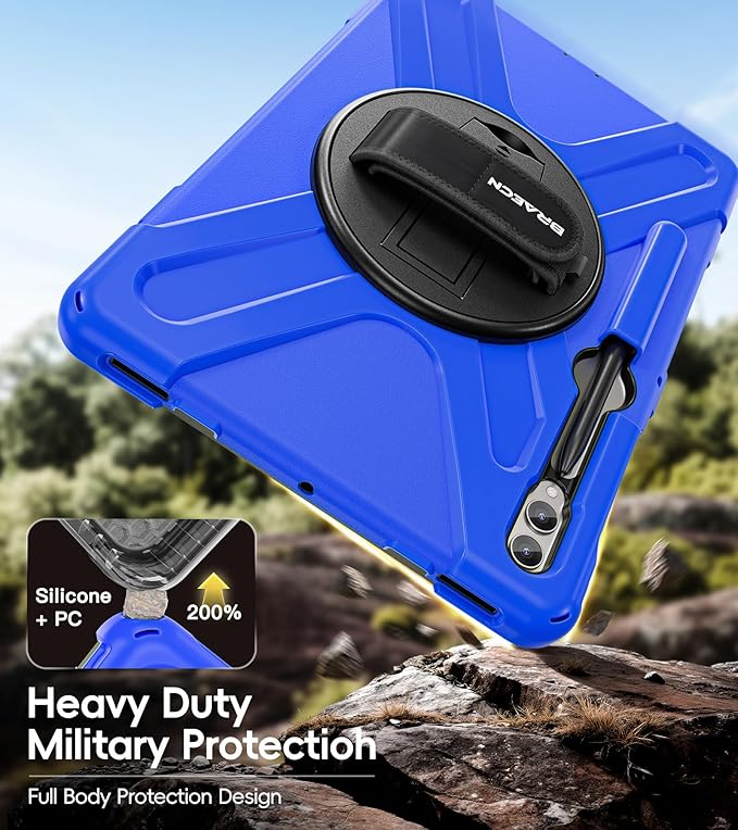 BRAECN for Samsung Galaxy Tab S10 Plus Case 2024/S9 Plus/S9 FE+/S8 Plus/S7 Plus /S7 FE 12.4 Inch,Heavy Duty Shockproof Case with S Pen Holder&360 Rotating Hand Strap/Kickstand Shoulder Strap,Blue