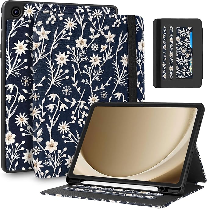 Uppuppy for Samsung Galaxy Tab A9 Plus Case 11'' - for Women Girls Cute Embroidered Folio Stand Cover with Pencil Holder & Card Slot Girly Kawaii Flowers Design Aesthetic Cases for Samsung Tab A9 Plus