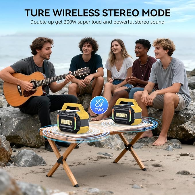 Wilody Speakers Bluetooth Wireless, 100W Loud Outdoor Speaker with Bass, IPX7 Waterproof Floatable, 20H Playtime, Wireless Charge, TWS, RGB Light, Portable Speaker for Work, Garage, Outdoor (Yellow)