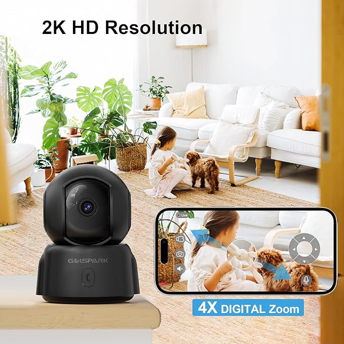 GOLSPARK Dog Pet Camera for Home Security 2K, 2.4GHz WiFi Camera Baby Monitor for Room with Motion Tracking Detection Night Vision, Two-Way Audio SD/Cloud Storage