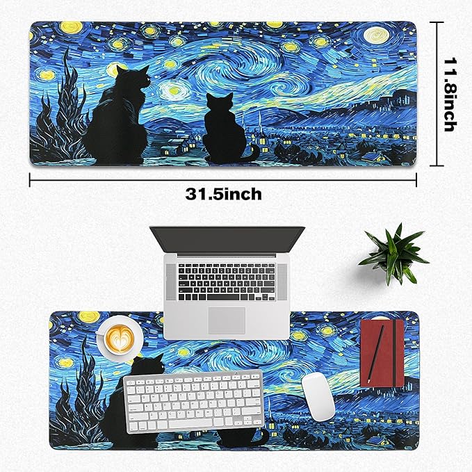 Mouse Pad Gaming - Desk Mat for Keyboard and Mouse - Van Gogh Starry Night Large Mouse Pads for Desk, Gaming Mousepad with Non-Slip Base, Desks Pad (31.5" X 11.8") for Game, Office and Home