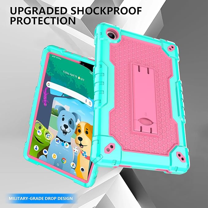 Case for for AT&T Amigo Jr. Tab 8 inch Tablet 9136K - with 2PCS Screen Protector,[Built-in Kickstand] Anti Slip Kids Friendly Shockproof Silicone Protective Cover (Green/Pink+2 PCS Glass)