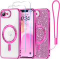 Meifigno Designed for iPhone 17e/16e Case 6.1", [Compatible with MagSafe] [Glitter Card & Wrist Strap] [2X Screen Protectors] Surround Raised Lens Protection Phone Case for 17e/16e, Hot Pink