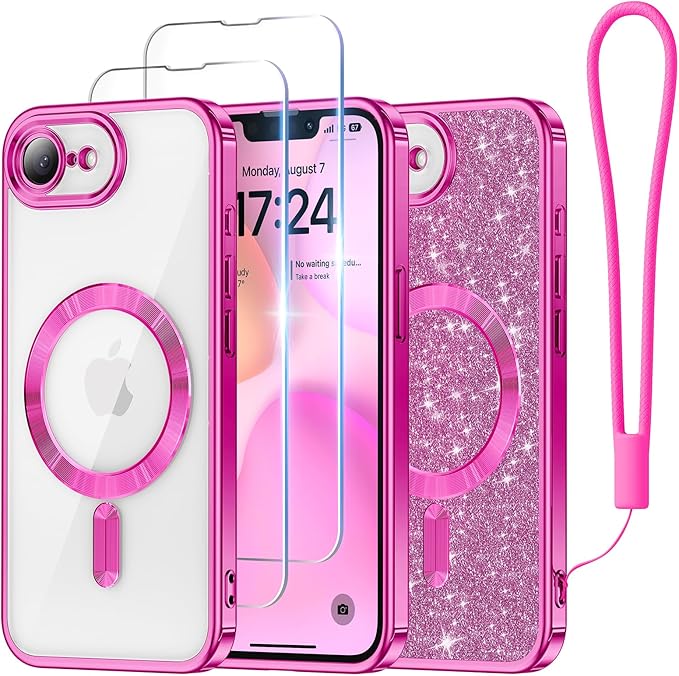 Meifigno Designed for iPhone 17e/16e Case 6.1", [Compatible with MagSafe] [Glitter Card & Wrist Strap] [2X Screen Protectors] Surround Raised Lens Protection Phone Case for 17e/16e, Hot Pink