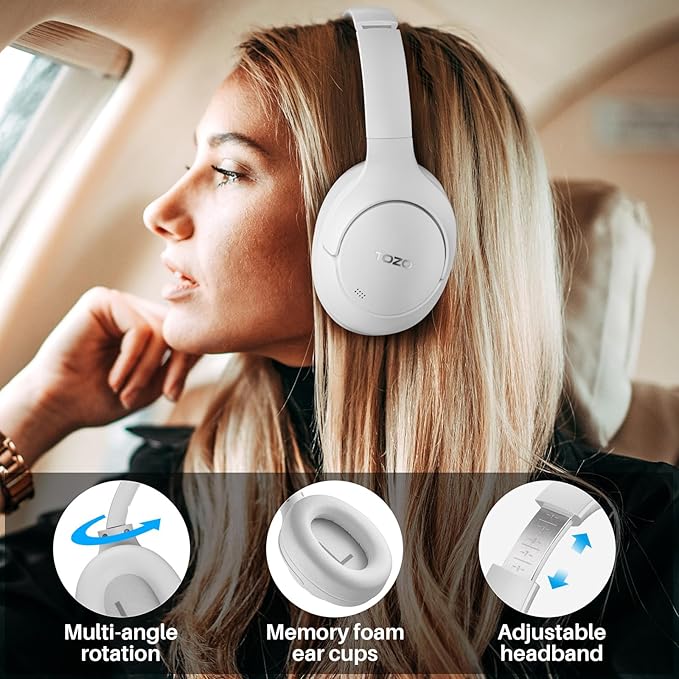 TOZO HT2 Hybrid Active Noise Cancelling Headphones, Wireless Over Ear Bluetooth Headset, 60H Playtime, Hi-Res Audio Custom EQ via App Deep Bass Comfort Fit Ear Cups, for Home Office Travel