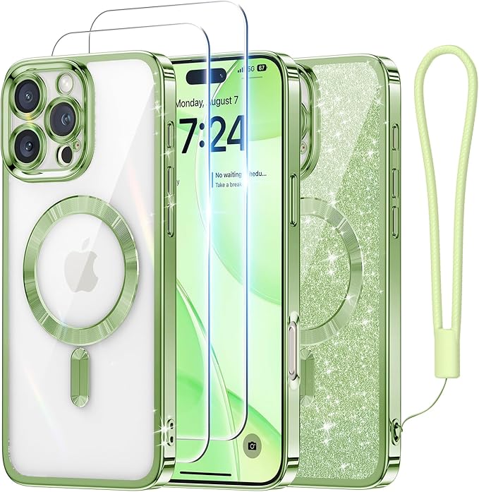 Meifigno Case Designed for iPhone 16 Pro 6.3 Inch, [Compatible with MagSafe] [2X Screen Protectors] [Glitter Card & Wrist Strap] Surround Lens Protection Designed for iPhone 16 Pro Case, Grass Green