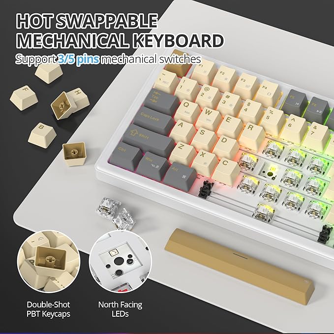 75% Brown Creamy Mechanical Keyboard Wired, Creamy Sound Gasket Gaming Thocky Keyboard with Knob, Hot Swappable RGB Custom Keyboard, Pre-lubed Cream Switch Keyboard (82 Caramel)