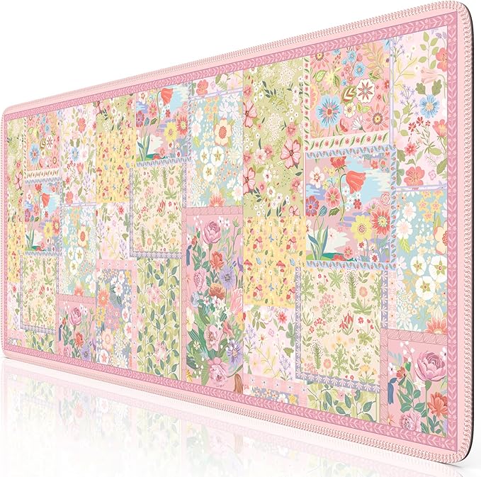 iCasso Pink Desk Mat for Keyboard and Mouse, Large Mouse Pad, Floral Desk Pad, Anti-Slip XXL Big Mousepad with Stitched Edges for Computer
