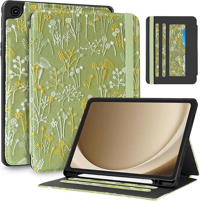 Uppuppy for Samsung Galaxy Tab A9 Plus Case 11'' - for Women Girls Cute Embroidered Folio Stand Cover with Pencil Holder & Card Slot Girly Kawaii Plants Design Aesthetic Cases for Samsung Tab A9 Plus
